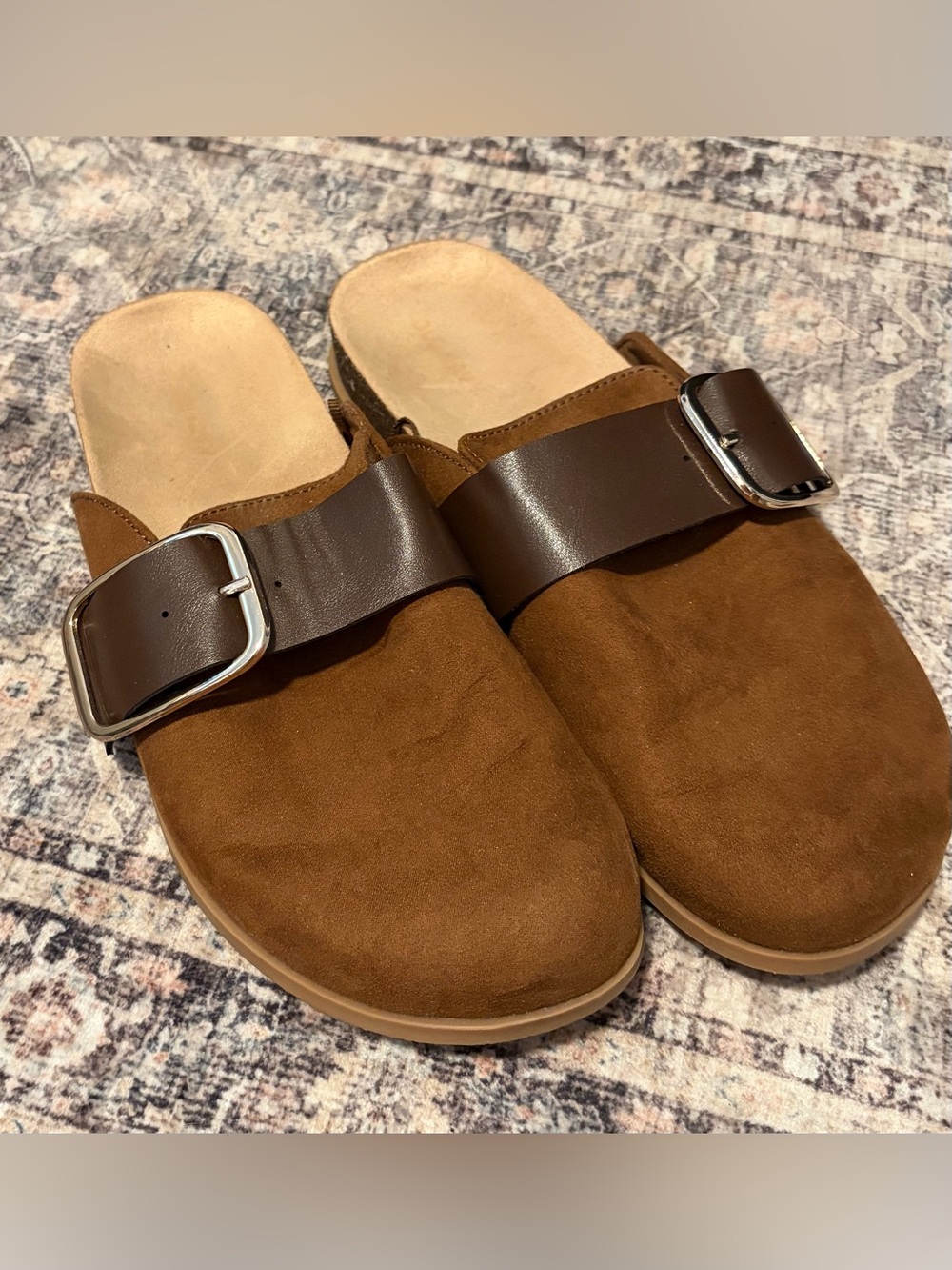 women’s Old Navy Brown faux Suede Slide Mule Clogs with Adjustable Buckle